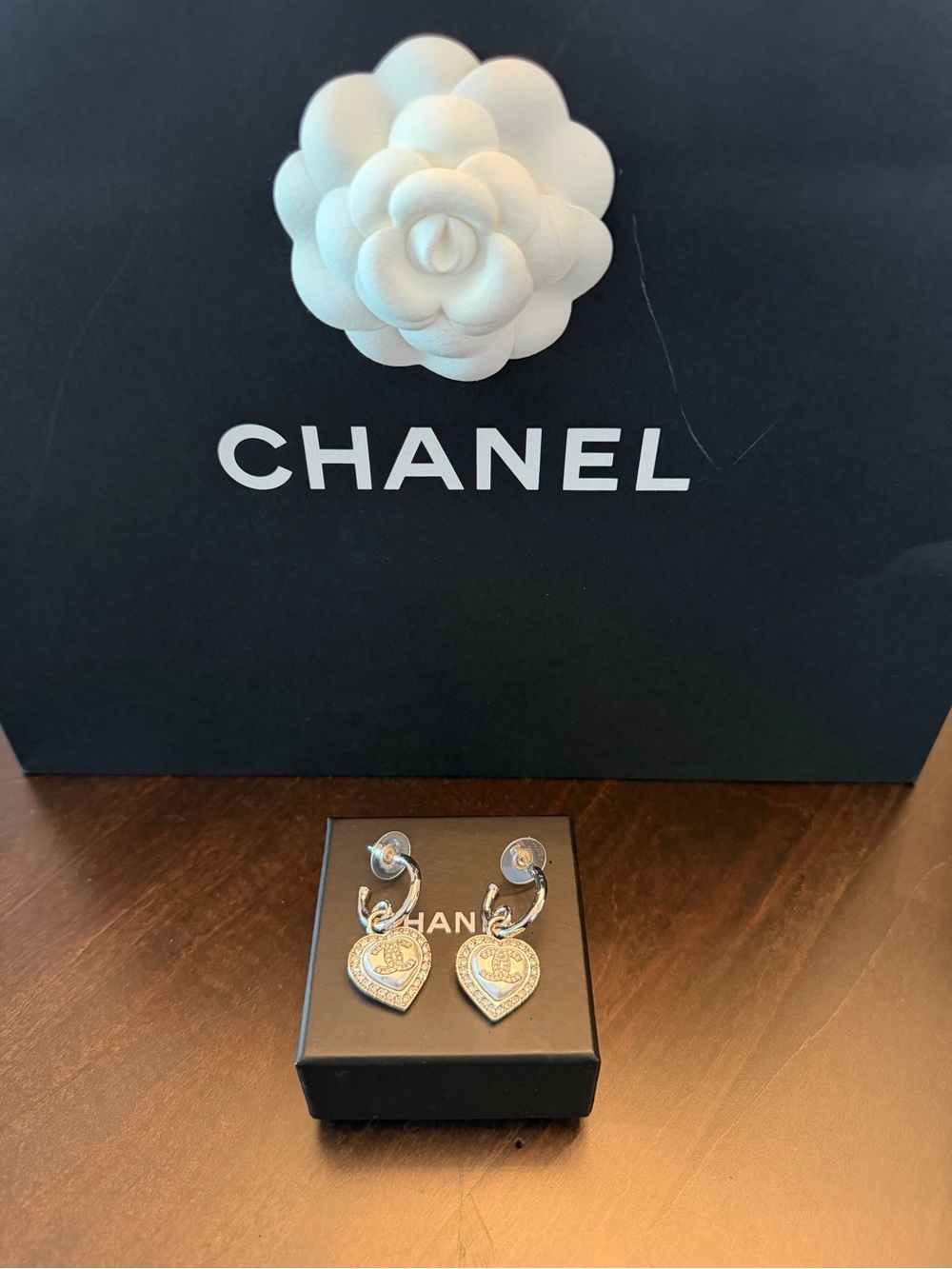 CHANEL Silver Heart Drop Earrings with CC Medallion